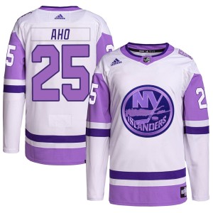 Sebastian Aho Men's Adidas New York Islanders Authentic White/Purple Hockey Fights Cancer Primegreen Jersey