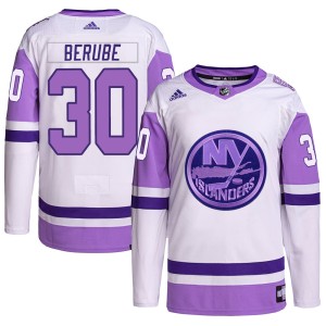 Jean-Francois Berube Men's Adidas New York Islanders Authentic White/Purple Hockey Fights Cancer Primegreen Jersey