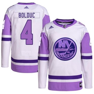 Samuel Bolduc Men's Adidas New York Islanders Authentic White/Purple Hockey Fights Cancer Primegreen Jersey