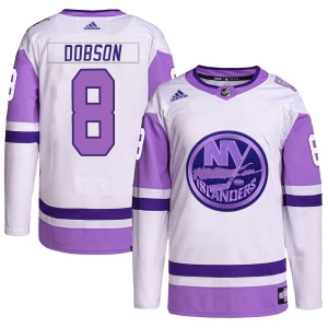 Noah Dobson Men's Adidas New York Islanders Authentic White/Purple Hockey Fights Cancer Primegreen Jersey