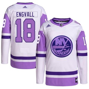 Pierre Engvall Men's Adidas New York Islanders Authentic White/Purple Hockey Fights Cancer Primegreen Jersey