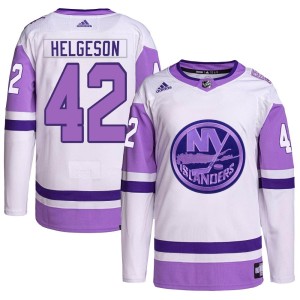 Seth Helgeson Men's Adidas New York Islanders Authentic White/Purple Hockey Fights Cancer Primegreen Jersey