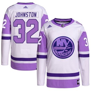Ross Johnston Men's Adidas New York Islanders Authentic White/Purple Hockey Fights Cancer Primegreen Jersey