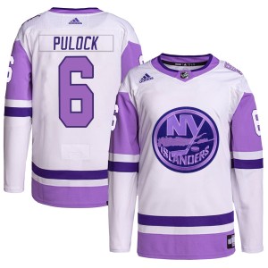 Ryan Pulock Men's Adidas New York Islanders Authentic White/Purple Hockey Fights Cancer Primegreen Jersey