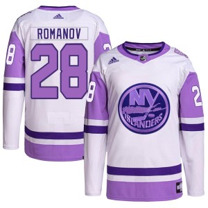 Alexander Romanov Men's Adidas New York Islanders Authentic White/Purple Hockey Fights Cancer Primegreen Jersey