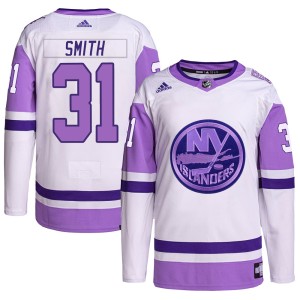 Billy Smith Men's Adidas New York Islanders Authentic White/Purple Hockey Fights Cancer Primegreen Jersey
