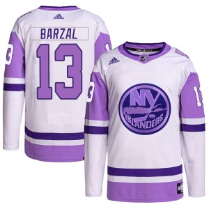 Mathew Barzal Youth Adidas New York Islanders Authentic White/Purple Hockey Fights Cancer Primegreen Jersey