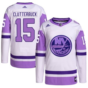 Cal Clutterbuck Youth Adidas New York Islanders Authentic White/Purple Hockey Fights Cancer Primegreen Jersey