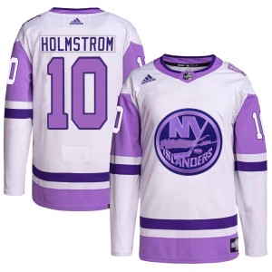 Simon Holmstrom Youth Adidas New York Islanders Authentic White/Purple Hockey Fights Cancer Primegreen Jersey