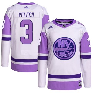 Adam Pelech Youth Adidas New York Islanders Authentic White/Purple Hockey Fights Cancer Primegreen Jersey