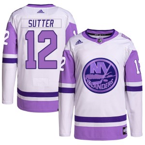 Duane Sutter Youth Adidas New York Islanders Authentic White/Purple Hockey Fights Cancer Primegreen Jersey