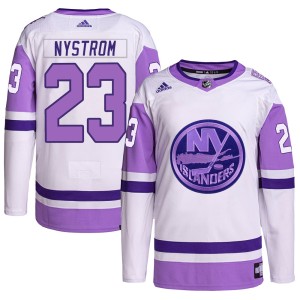 Bob Nystrom Men's Adidas New York Islanders Authentic White/Purple Hockey Fights Cancer Primegreen Jersey