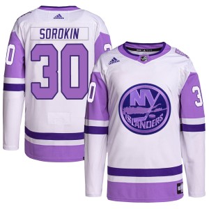 Ilya Sorokin Men's Adidas New York Islanders Authentic White/Purple Hockey Fights Cancer Primegreen Jersey