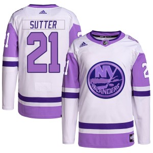 Brent Sutter Men's Adidas New York Islanders Authentic White/Purple Hockey Fights Cancer Primegreen Jersey